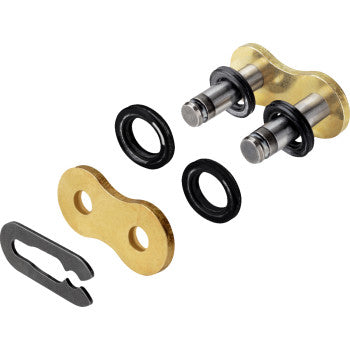 The 520 Quad Series Clip Connecting Link by Regina is shown disassembled on a white background, featuring gold side plates, two connecting pins, four black O-rings, and a black clip.