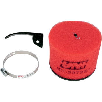 Kawasaki Air Filter by Uni Filter (UNI NU-2372ST) shown in red foam, includes metal mounting bracket and hose clamp, all neatly arranged on white. Ideal as an upgrade or replacement for your OEM air filter.