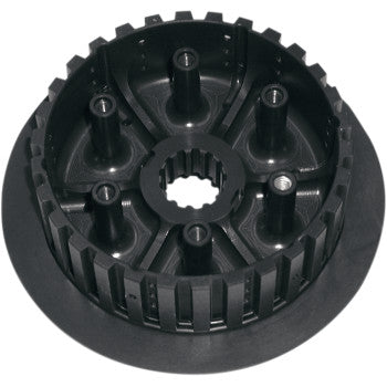 The Inner Clutch Hub by Hinson Racing is a black, circular billet T6 aluminum hub with multiple vertical posts, grooves, a toothed outer edge, and a central splined hole for shaft fitting and optimal clutch performance.
