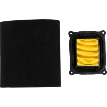 A rectangular black foam and a square black-framed yellow pleated cellulose Yamaha Replacement Air Filter by All Balls are displayed side by side on a white background, both serving as ideal OEM replacement parts.