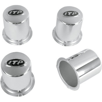 Set of four chrome Center Cap Replacement Wheel C Series Type 6-4/4 by ITP, each featuring the ITP logo. Three caps are upright and one is tilted to reveal the underside—perfect for your Yamaha Pro Hauler wheel kit.