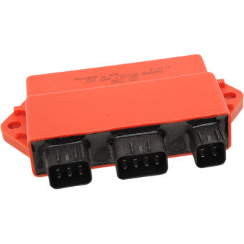 Rectangular orange CDI box with three black multi-pin connectors for Yamaha Grizzly 350 ATV.