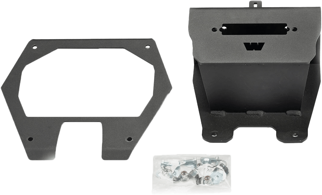 The Polaris RZR Pro R, Turbo R Winch Mounting Kit by Warn includes black metal brackets—one with a rectangular cutout, one with a W-shaped laser-burned design—plus hardware for easy ATV winch installation.