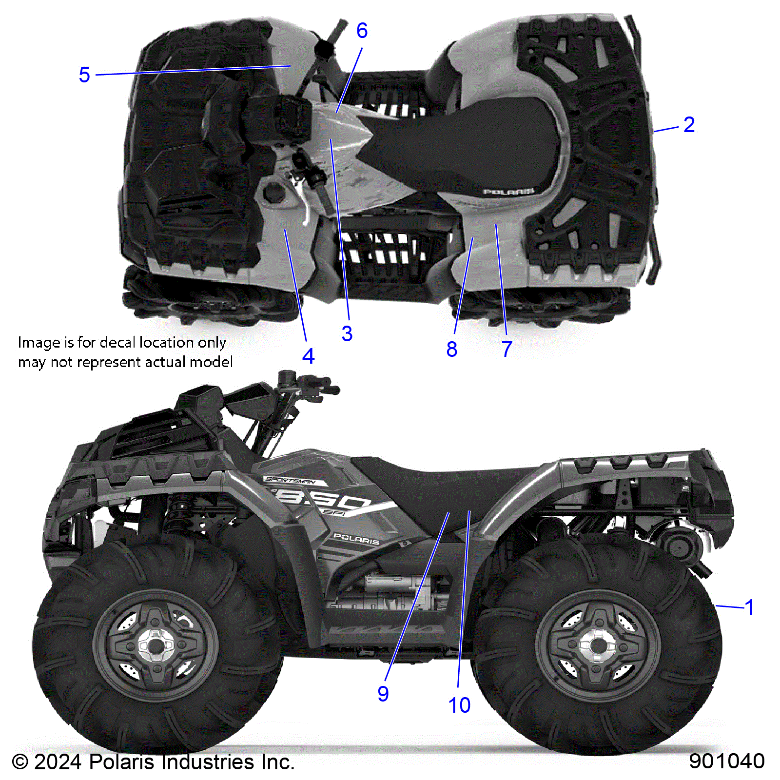 An Image of a Genuine Polaris Parts Schematic Diagram showing the schematic - BODY: DECALS STANDARD - 2025 POLARIS SPORTSMAN 850 MUD 49S