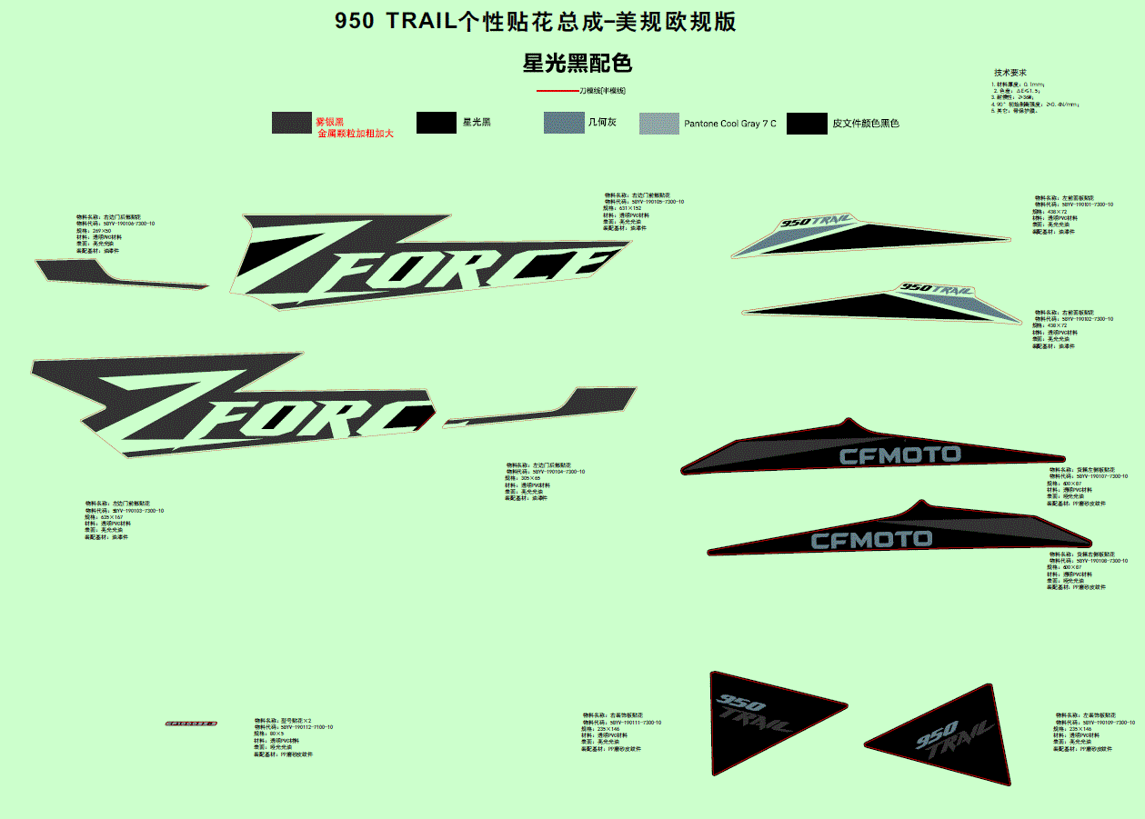 Image displays the Rear Decal RH Side Door by CF Moto for ZFORCE 950 TRAIL ATV, featuring black and gray designs with ZFORCE and CFMOTO logos, Chinese text, and color references, showcased on Witchdoctors.com’s light green background.