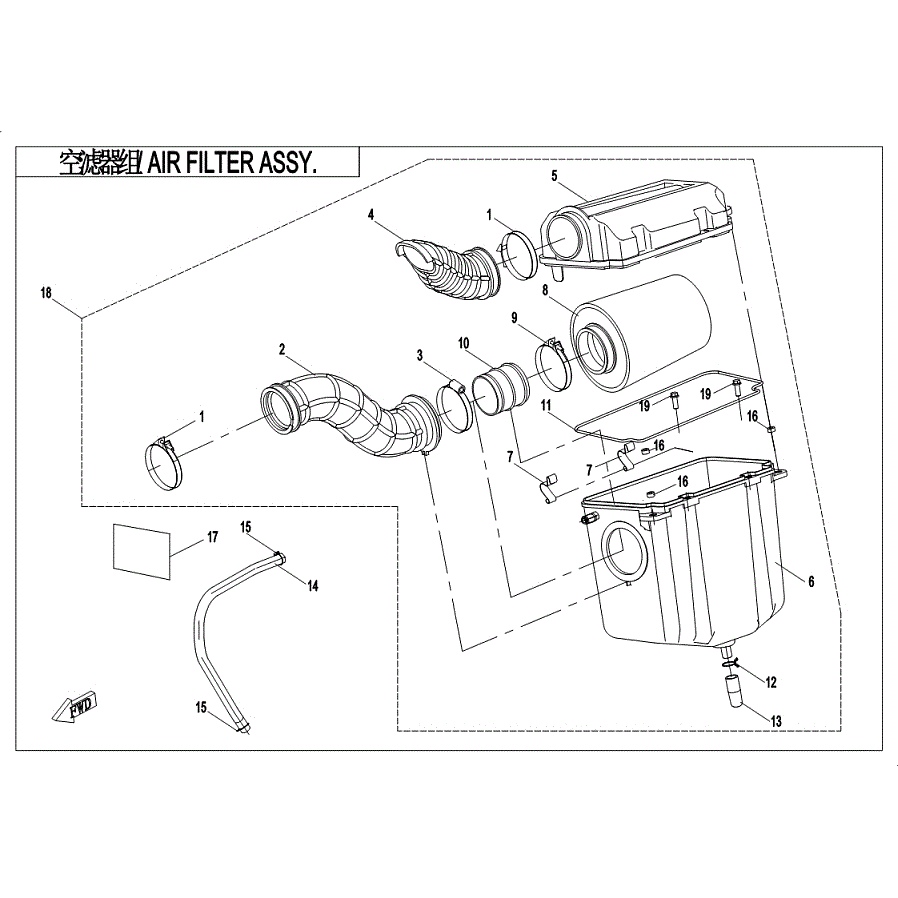 An Image of a genuine CFMOTO Parts Schematic Diagram showing the group - AIR FILTER ASSY. - 2019 CFMOTO CFORCE 600