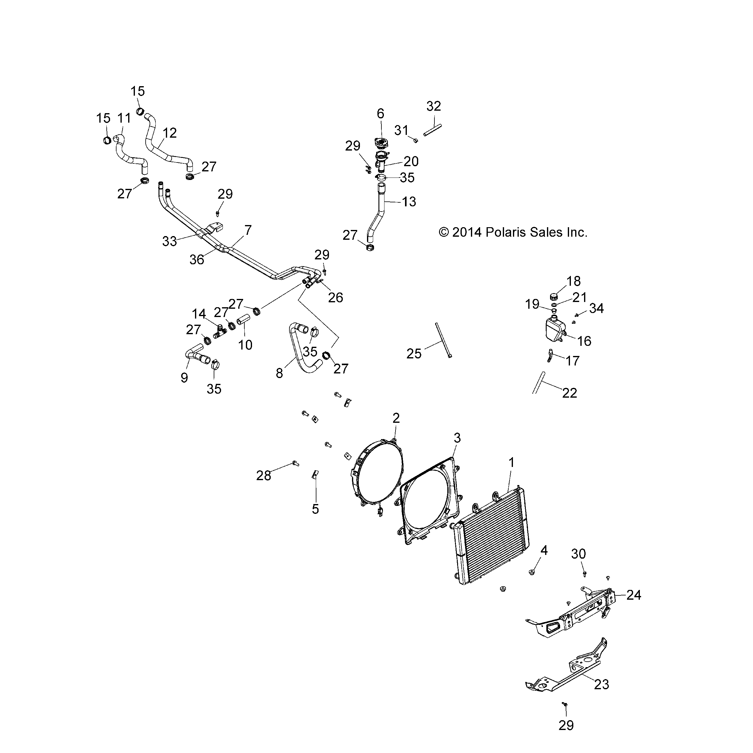 An Image of a Genuine Polaris Parts Schematic Diagram showing the schematic - ENGINE: COOLING SYSTEM - 2015 POLARIS SPORTSMAN ACE 325 EFI