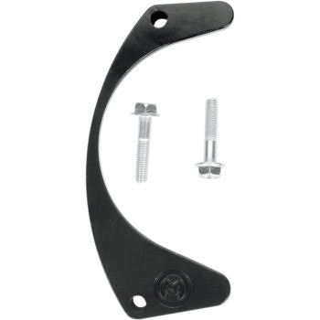 The Engine Case Saver Black by Moose Offroad, a black curved CNC-machined aluminum bracket with two holes, is shown on a white background alongside two silver bolts of different lengths.