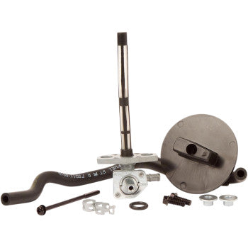 The Honda Petcock Fuel Kit by All Balls features metal rods, a black float arm, hose, screws, washers, an OE replacement fuel valve, and mounting hardware shown on a white background.