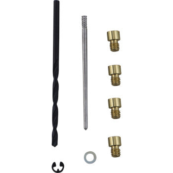Black twisted metal drill bit, silver long needle valve, four brass jets, small washer.