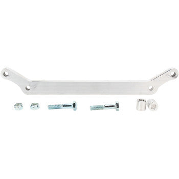 The Yamaha Raptor Lowering Kit Front Lowers 1.50" 2.00" by Dura Blue includes a metal bracket with dual mounting holes at each end, two bolts, two nuts, and two cylindrical spacers, all arranged on a white background for easy viewing.