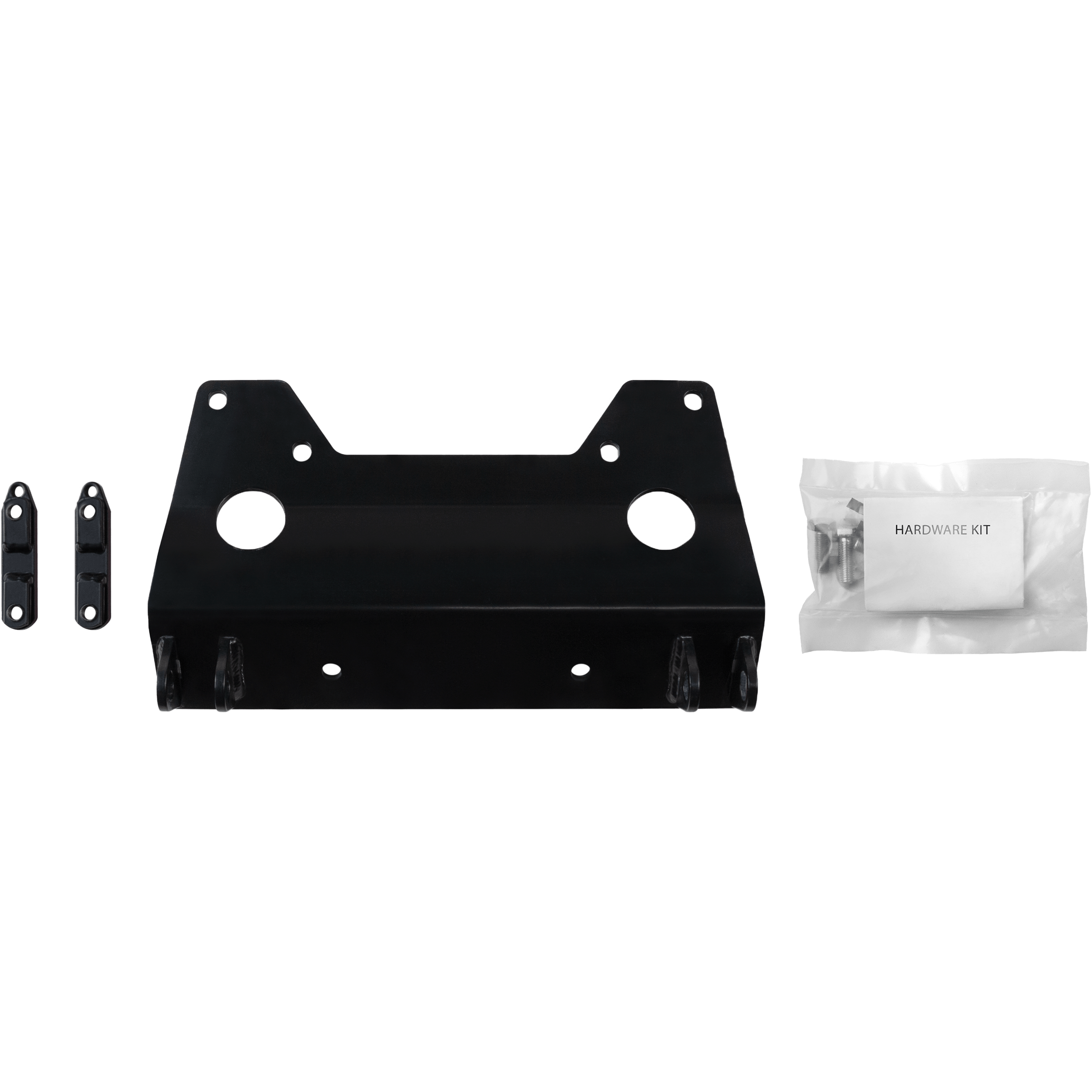 The UTV Plow Mount by Open Trail is shown in black metal with two small side brackets and a sealed hardware kit, all installation accessories displayed on a white background.
