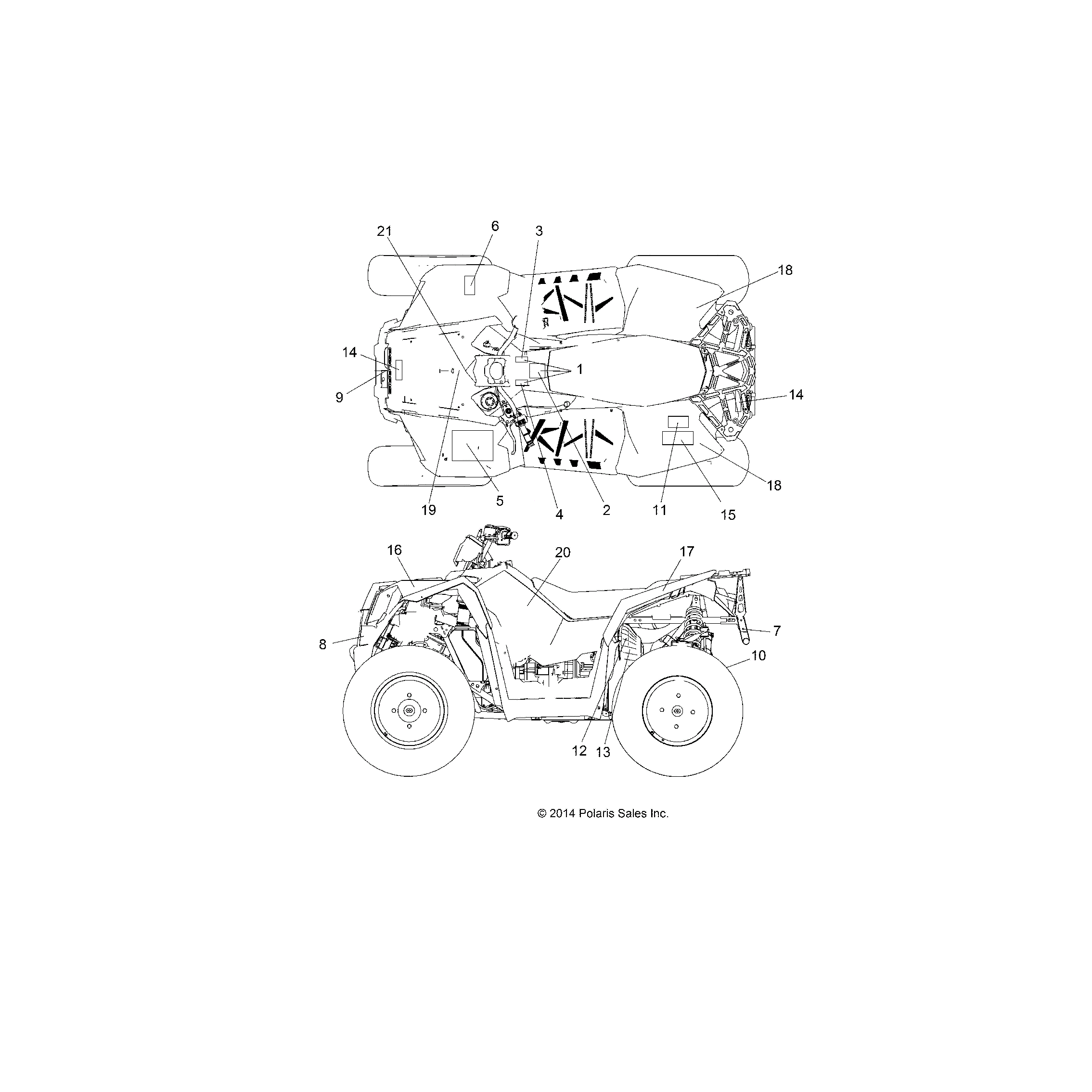 An Image of a Genuine Polaris Parts Schematic Diagram showing the schematic - BODY: DECALS - 2015 POLARIS SCRAMBLER 850
