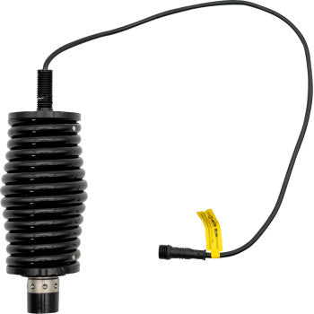The Brite Lites Whip Spring Base Super Chunk Whip Kit by Brite-Lites is a black coiled spring shock absorber with an attached cable, connector, and yellow tag, serving as a magnetic flexible whip base on a white background.