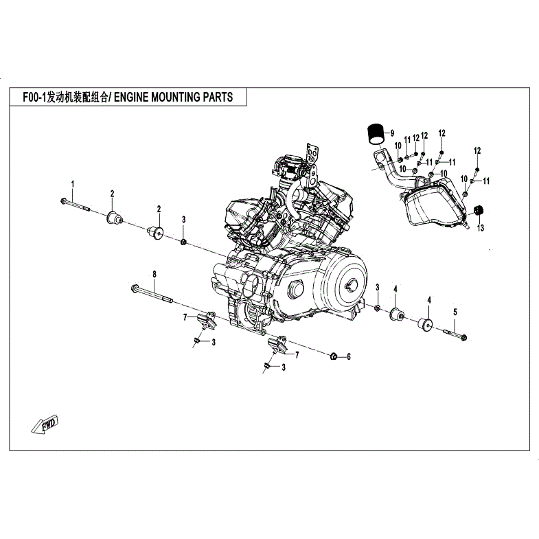 An Image of a Genuine CFMOTO Parts Schematic Diagram showing the schematic - ENGINE MOUNTING PARTS - 2018 CFMOTO ZFORCE 800 EX