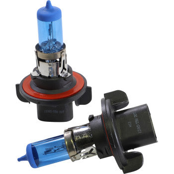 A pair of Brite-Lites Bulb H13 Blue 55/60 headlights with black plastic bases and orange rubber rings, displayed from multiple angles on a white background.