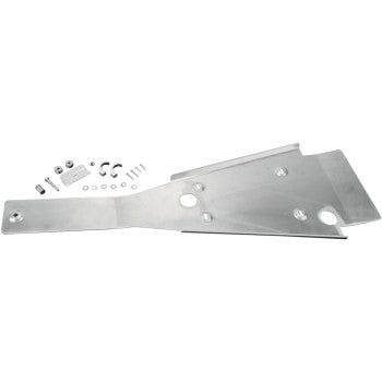 The Honda TRX Skid Plate by Motorsport Products, made of silver aluminum with multiple holes and indents for engine protection, is displayed with assorted nuts, bolts, and washers organized on a plain white background.