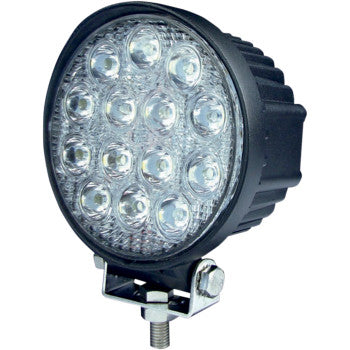 The LED Spot Light 5 Round by Brite-Lites features a black housing with 12 circularly arranged LEDs, mounted on a metal bracket for easy installation—ideal for those who prefer round flood lights to square spotlights.