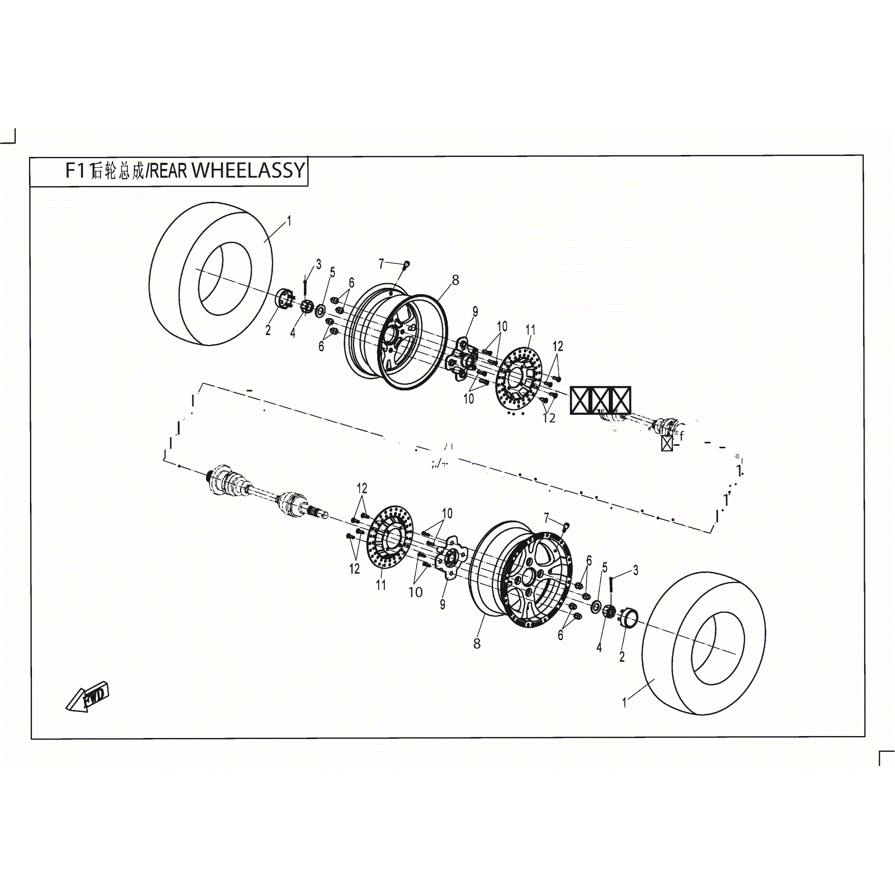 An Image of a Genuine CFMOTO Parts Schematic Diagram showing the schematic - REAR WHEEL ASSY - 2017 CFMOTO ZFORCE 500