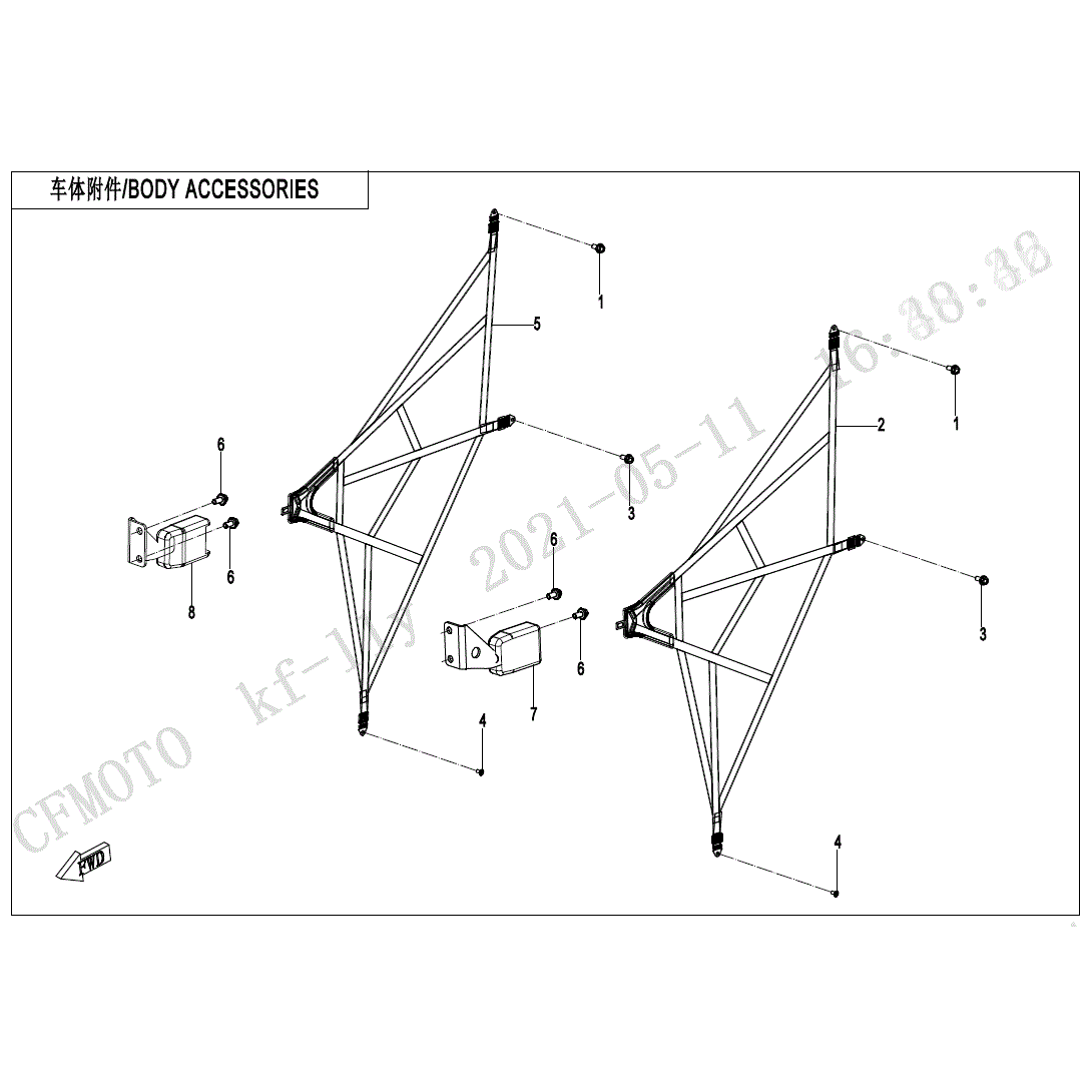 An Image of a Genuine CFMOTO Parts Schematic Diagram showing the schematic - BODY ACCESSORIES(2) - 2023 CFMOTO UFORCE 600