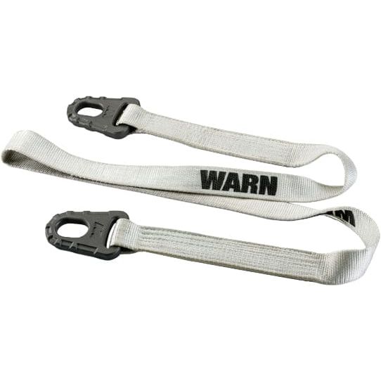The 1x8 Warn Epic Tree Trunk Protector features a white nylon strap with black plastic loops and WARN printed in bold black letters, supporting up to 7,200 lbs.