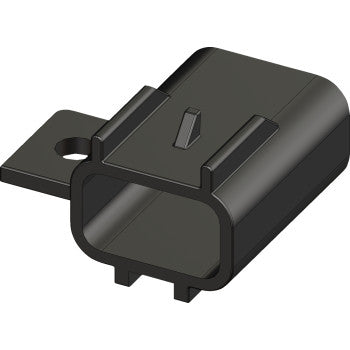 3D-rendered illustration of the Actuator Wire Harness Plug Cover Replacement Black by Kfi Products, a black rectangular plastic connector housing with a mounting tab, hole, and side notches for actuator wire harnesses.