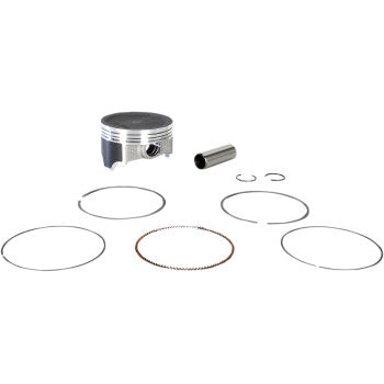 The Kawasaki Piston Kit 85.00 mm by Wsm includes an OEM quality metal piston, wrist pin, two circlips, and five piston rings displayed neatly on a white background.