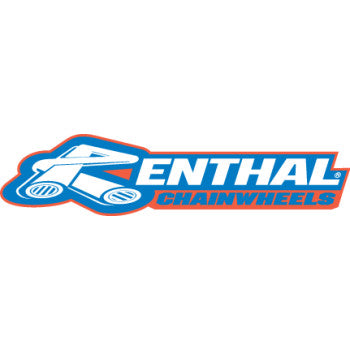 The Logo Decals RENTHAL Chainwheels 5 Pack by Factory Effex features bold blue text, a stylized white "R" with a chainwheel graphic outlined in orange on white—ideal for creating durable, scratch-proof vinyl decals.