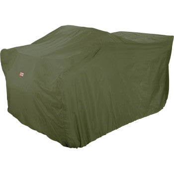 An olive extra-large ATV Storage Cover by Classic Accessories, made from durable ProtekX2 fabric, is draped over an ATV. It features water resistance and displays a small red and white logo on the side for added weather protection.