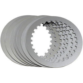 The Clutch Plate Kit Steel by Hinson Racing features six round steel plates with notched inner edges, perfect for use with OEM clutch baskets or upgrading to premium Hinson components. Displayed fanned-out against a white background.