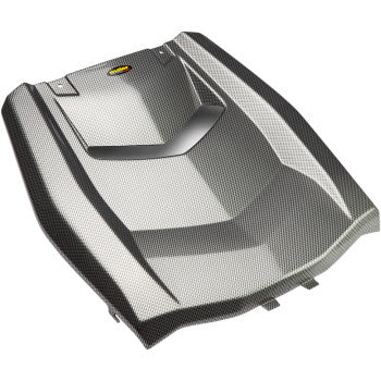 The Upper Hood Black Carbon by Maier features a vented carbon fiber design with angular lines, a glossy finish, and OE color-matched bodywork to enhance airflow and provide lightweight performance.