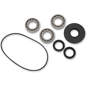 The Polaris Differential Bearing Seal Kit Front by Moose Offroad includes EMQ quality bearings, three black rubber seals or gaskets, a circular plastic or rubber component, and a black rubber belt, all neatly arranged on a white background.