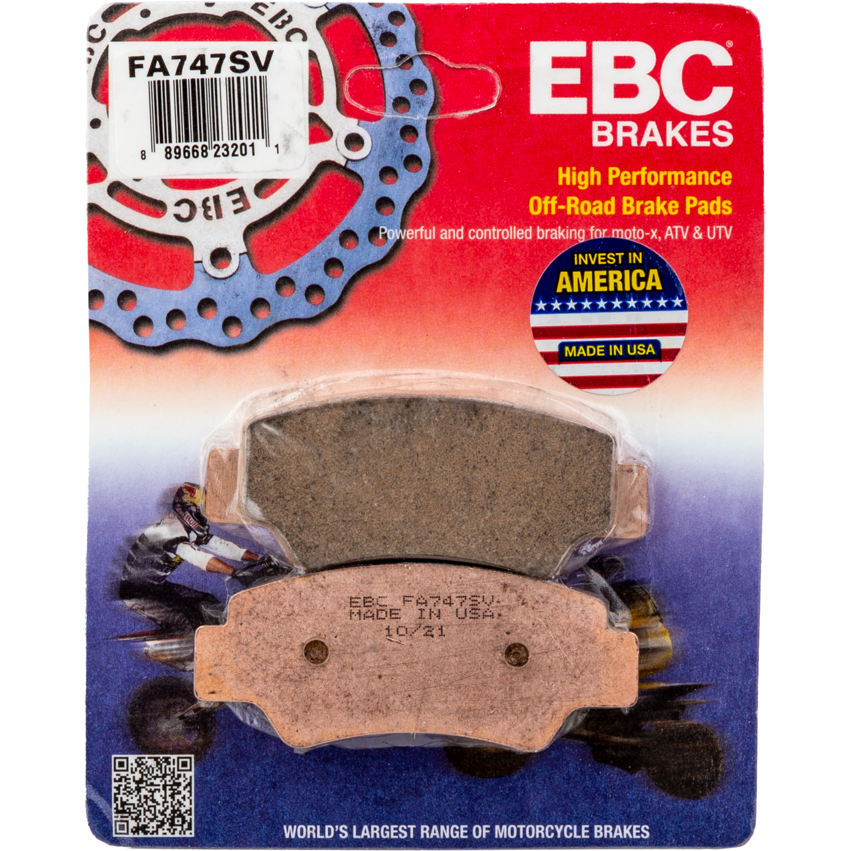 EBC FA747SV off-road brake pads with curved metallic backing and friction surface on red and yellow branded card packaging.
