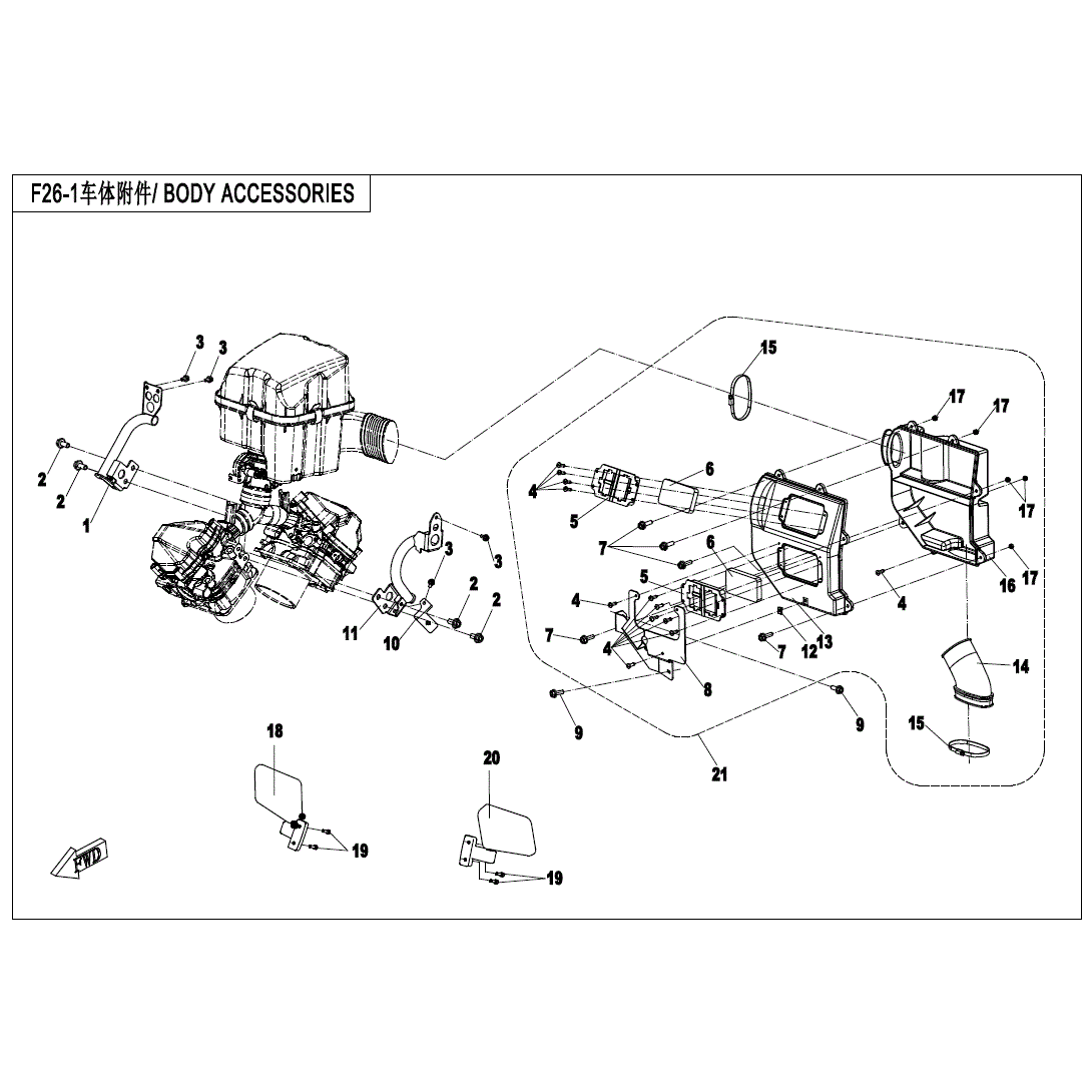 An Image of a Genuine CFMOTO Parts Schematic Diagram showing the schematic - BODY ACCESSORIES(2) - 2020 CFMOTO UFORCE 800