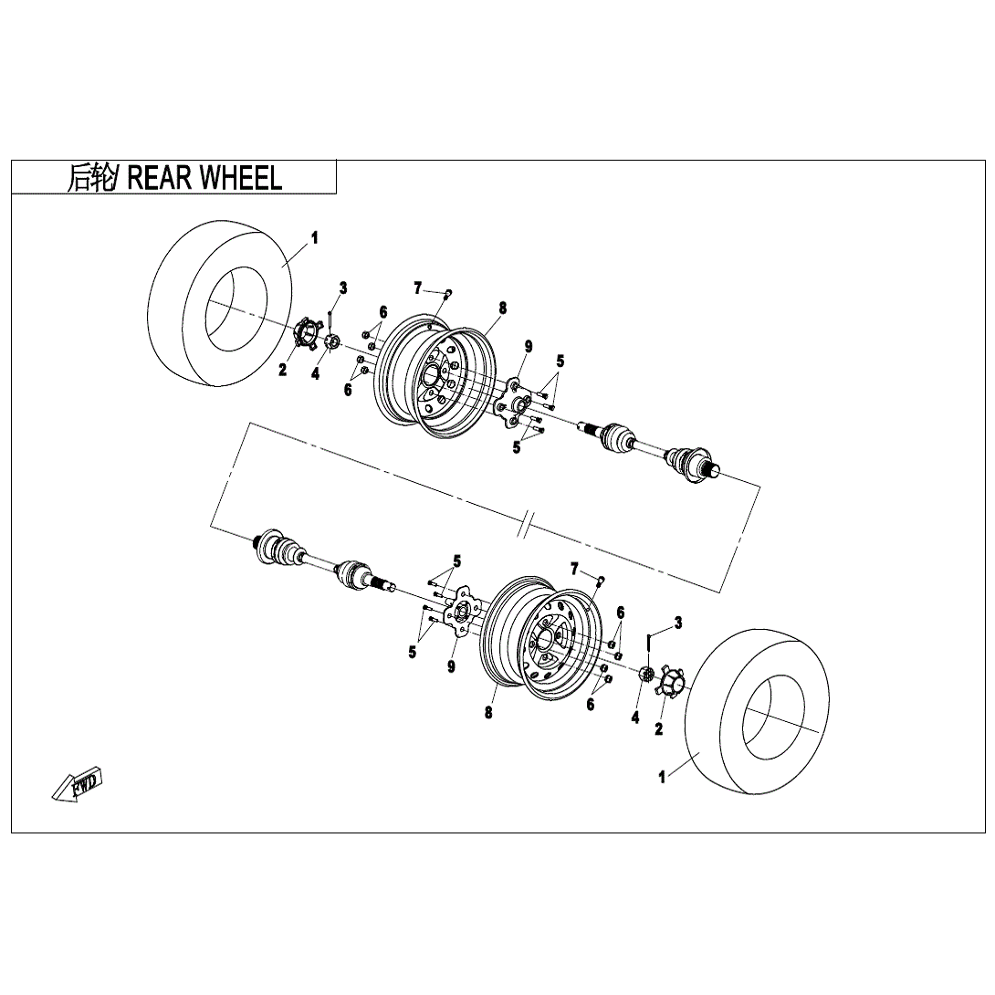 An Image of a genuine CFMOTO Parts Schematic Diagram showing the group - REAR WHEEL - 2020 CFMOTO CFORCE 400