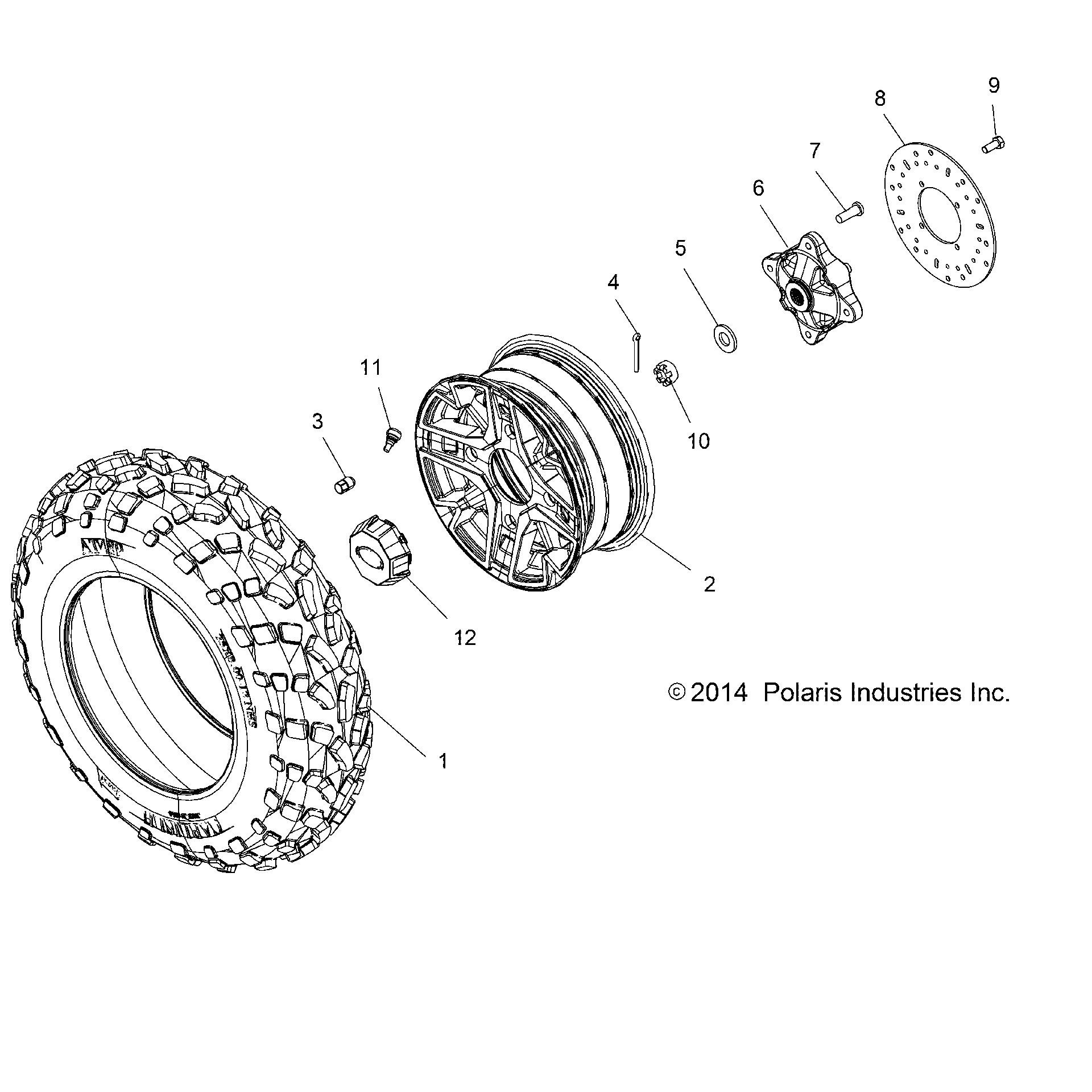 An Image of a Genuine Polaris Parts Schematic Diagram showing the schematic - WHEELS: FRONT TIRE and BRAKE DISC - 2015 POLARIS SPORTSMAN ACE 570 EFI