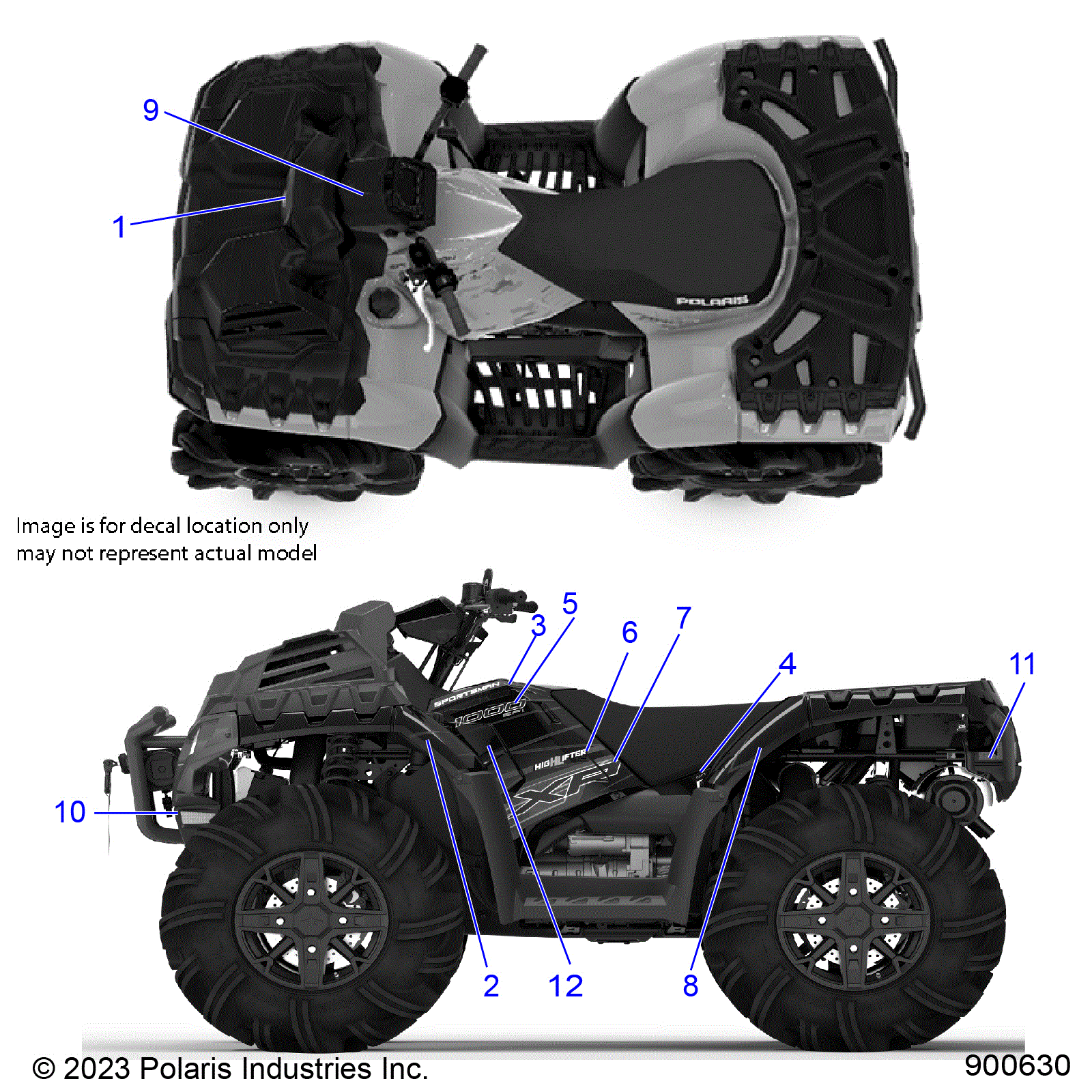 An Image of a Genuine Polaris Parts Schematic Diagram showing the schematic - BODY: DECALS GRAPHIC - 2023 POLARIS SPORTSMAN XP 1000 HIGH LIFTER