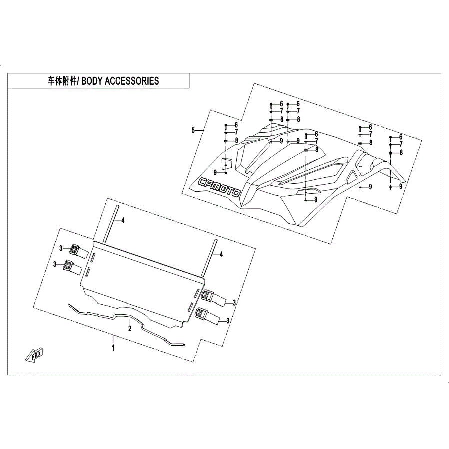 An Image of a Genuine CFMOTO Parts Schematic Diagram showing the schematic - BODY ACCESSORIES (ORDINARY) - 2019 CFMOTO ZFORCE 800 EX