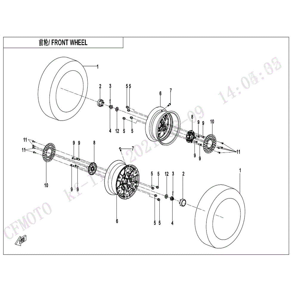 An Image of a Genuine CFMOTO Parts Schematic Diagram showing the schematic - FRONT WHEEL - 2022 CFMOTO UFORCE 1000
