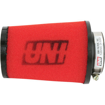 The Can Am Air Filter by Uni Filter is a red cylindrical two-stage air filter with black end caps, a metal clamp, and the UNI logo in black on the side.