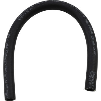 A black Gates Low Permeation Fuel Line 5/16" 1' with Greenshield barrier technology is bent into a U-shape on a white background, featuring white printed specifications along its length.