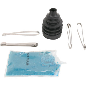 The Kawasaki / Brute Force Kawasaki Mule CV Boot Kit Front Outboard by Epi includes a black rubber CV boot, three silver clamps, and a pouch of blue molybdenum disulfide grease—ideal for front outboard axle applications.