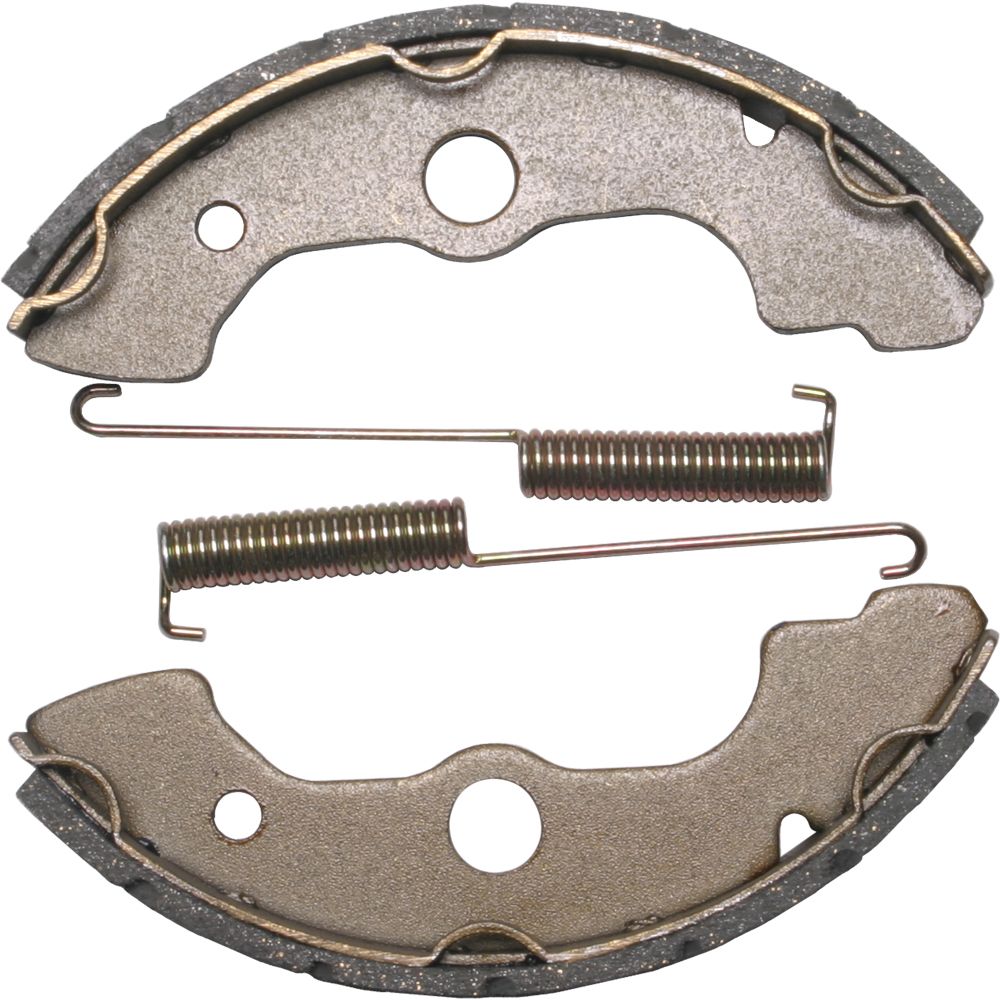 Pair of curved metallic brake shoes with grooved friction surface and two coiled metal springs.