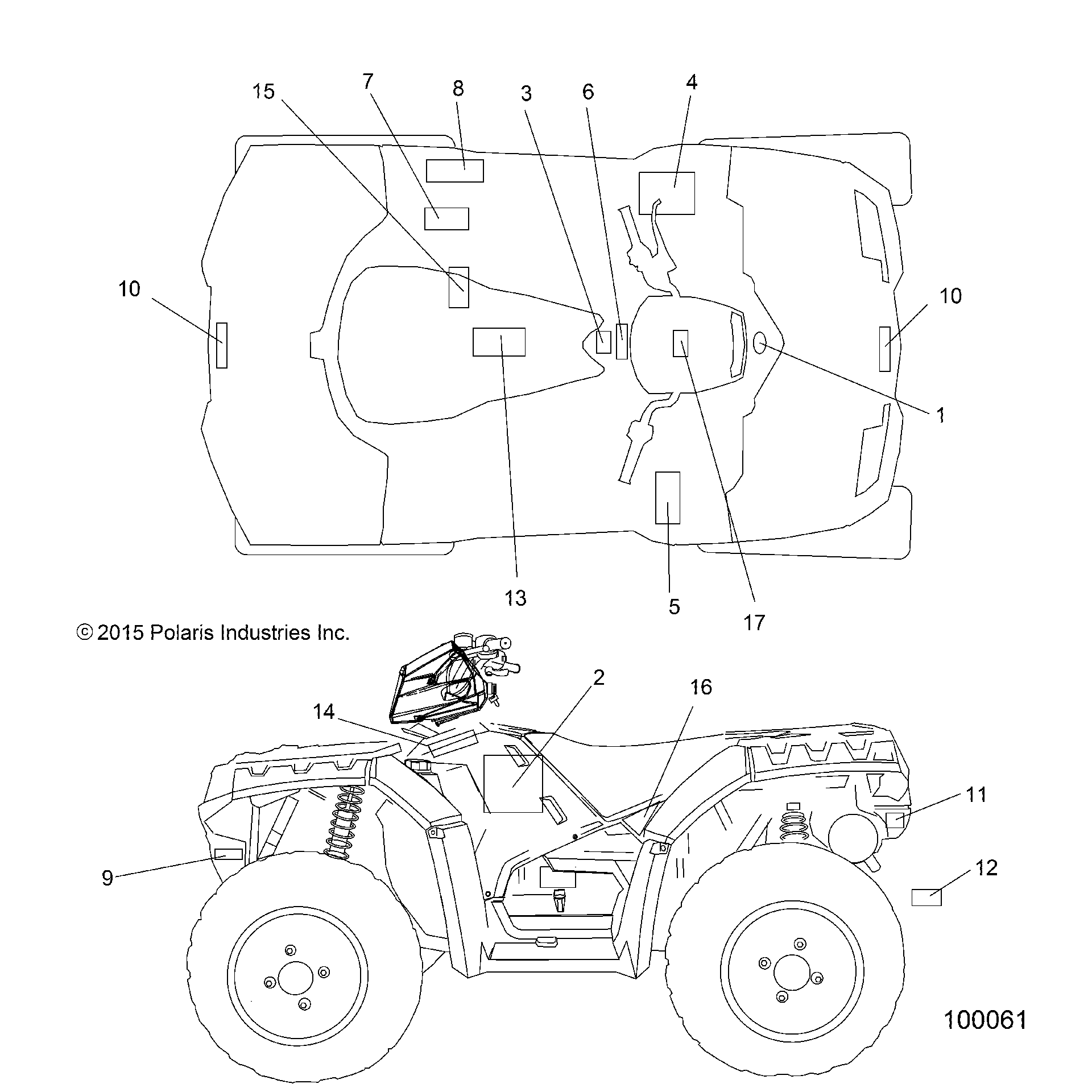 An Image of a Genuine Polaris Parts Schematic Diagram showing the schematic - BODY: DECALS - 2016 POLARIS SPORTSMAN 850 SP