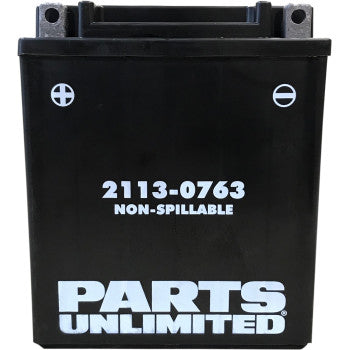 A black AGM Battery CTX12AABS by Parts Unlimited features 2113-0763 NON-SPILLABLE on the front, plus and minus symbols, and the Parts Unlimited logo at the bottom.