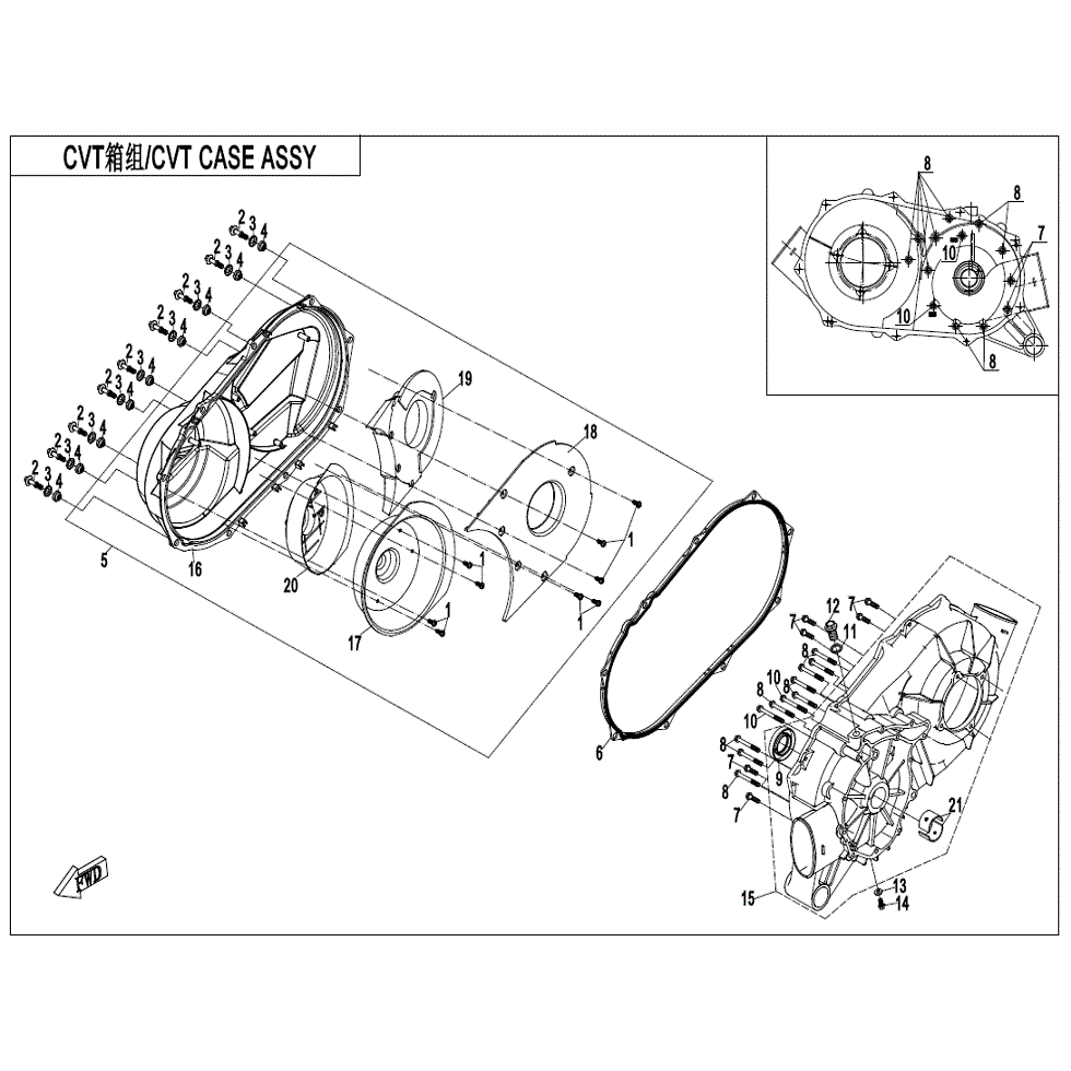 An Image of a genuine CFMOTO Parts Schematic Diagram showing the group - CVT CASE ASSY. - 2022 CFMOTO CFORCE 1000 Overland