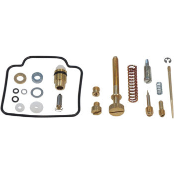 The Yamaha Carburetor Repair Kit by Shindy includes main and pilot jets, rubber-top float valves, screws, springs, washers, gaskets, and an O-ring—all neatly arranged on a white background.