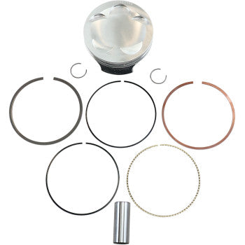 The Yamaha Piston Kit 95.00 mm by Wiseco includes a silver piston, piston rings, a piston pin, and two circlips, all shown neatly on a white background for dependable engine performance.