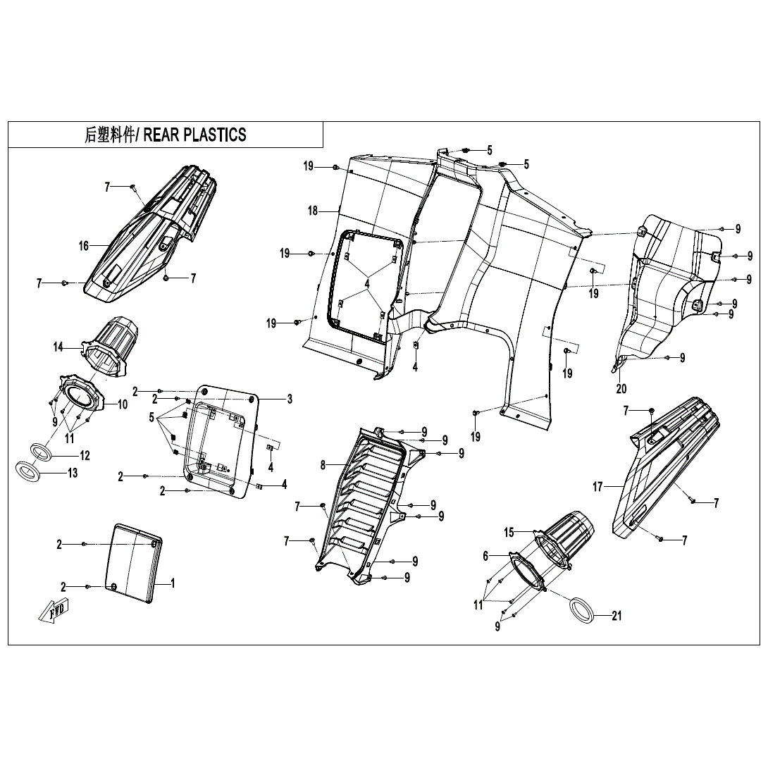 An Image of a Genuine CFMOTO Parts Schematic Diagram showing the schematic - REAR PLASTICS(2) - 2022 CFMOTO ZFORCE 950 EX