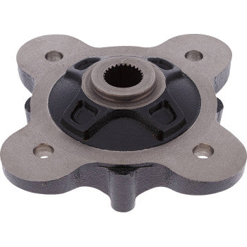 The Polaris Ranger Wheel Hub Rear by All Balls is a robust, machined metal hub with four mounting holes and a central splined opening, featuring a dark and silver finish for secure rear axle installation or replacement.